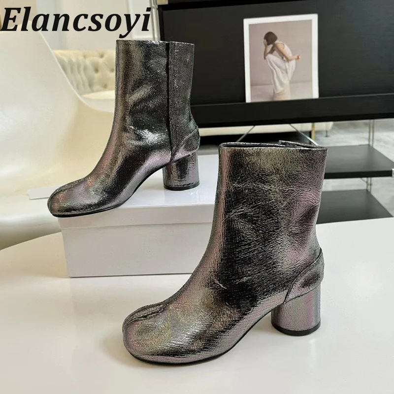 

Chunky High Heel Real Leather Split Toe Shoes Short Boots Women Button Design Ankle Botas Ladies Autumn Winter Modern Boots