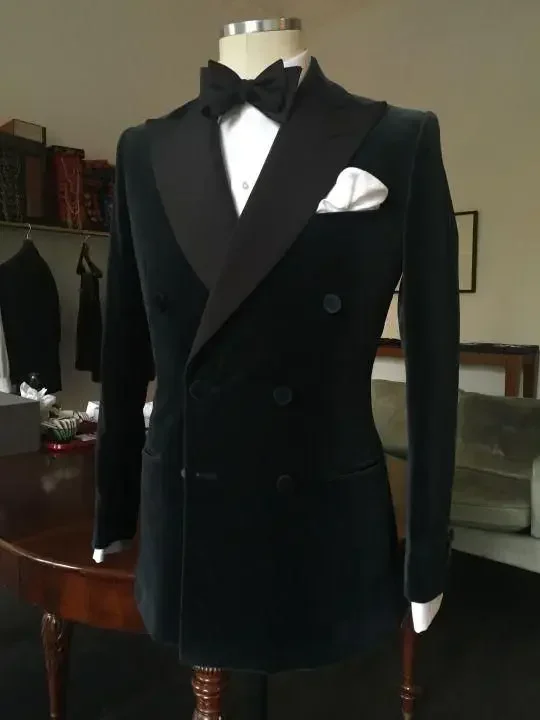 

2024 Latest Coat Pant Designs Black Velvet Double Breasted Men Suit Custom Slim Fit Blazer 2 Piece Tuxedo Groom Suits Masculino