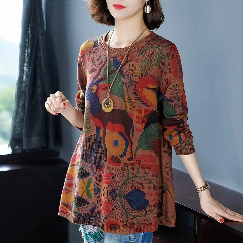 Vintage Printed O-Neck Loose All-match Sweaters Women\'s Clothing 2023 Autumn Winter Oversized Office Lady Pullovers Casual Tops