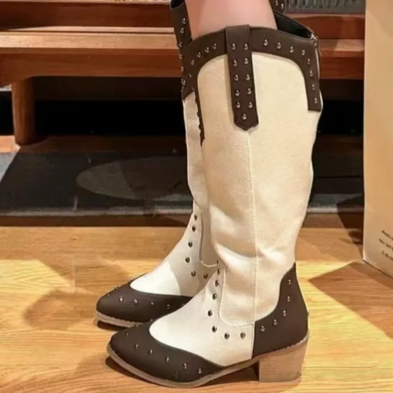 

Женские сапоги. Ковбойские сапоги до колена в европейском и американском стиле. Высокие каблуки в стиле ретро. Модные рыцарские сапоги.