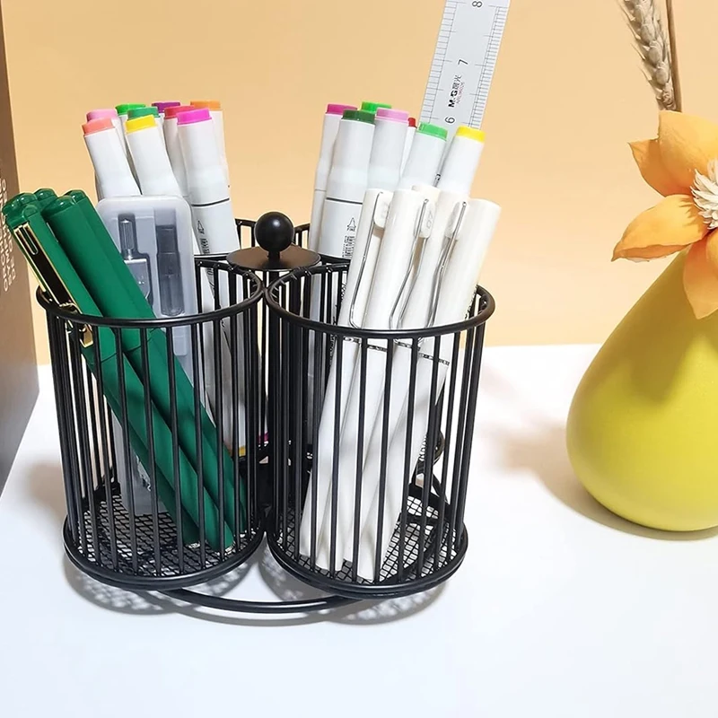 Black Pencil Holder Organizer, Metal 360° Rotating Pencil Storage For Desk Office School Makeup Cosmetic Organizer Round Durable