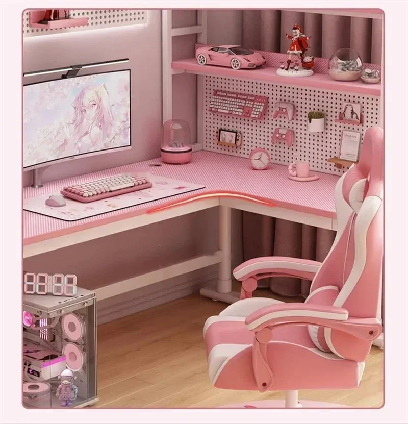 Corner Desktop Computer Desk Bookshelf Integrated Office Furniture Carbon Fiber Computer Table Pink Gaming Desk Girls Study Desk
