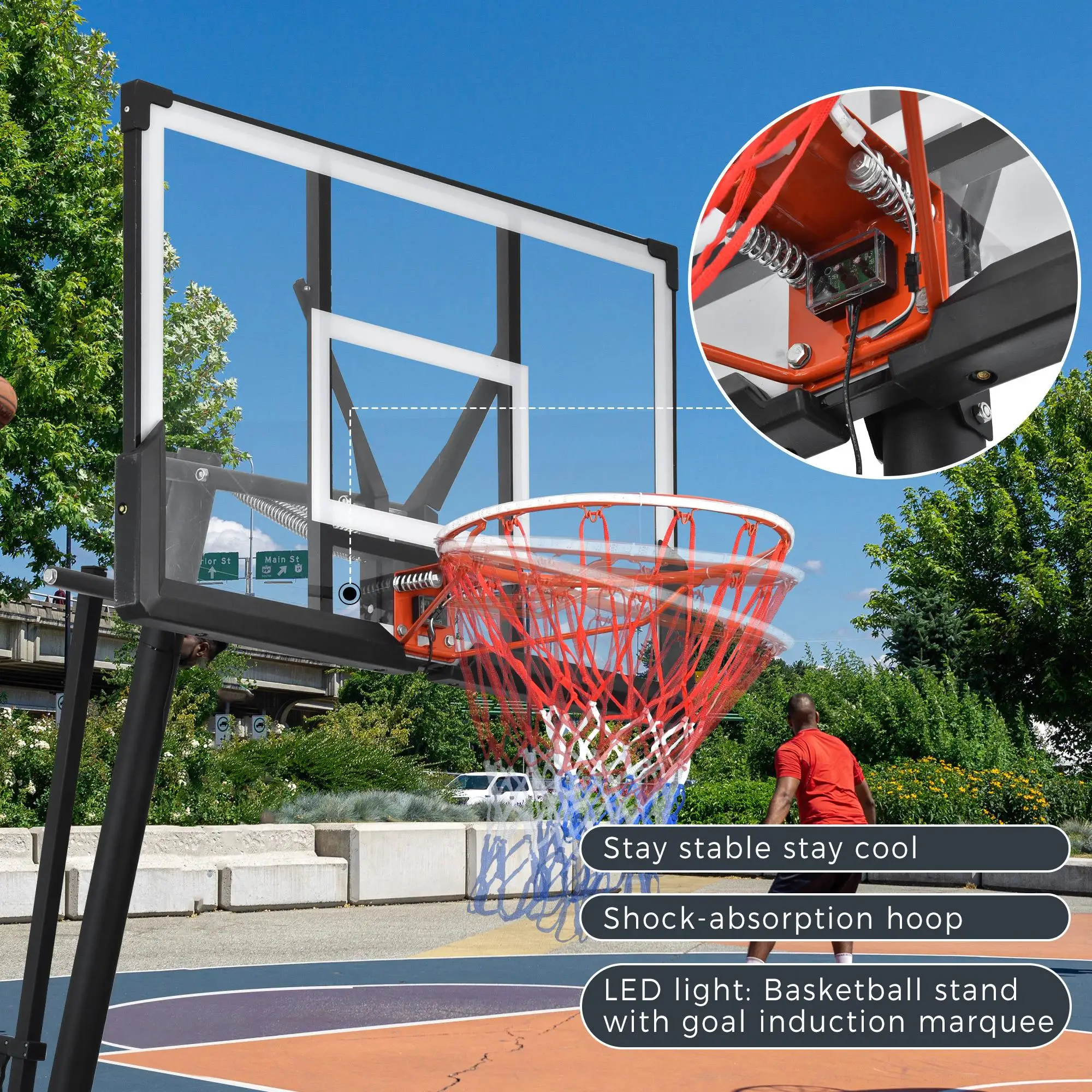 

Adjustable 8-10ft Portable Basketball Hoop for kids & Adults - Waterproof Lights for Night Play - Perfect Gift!