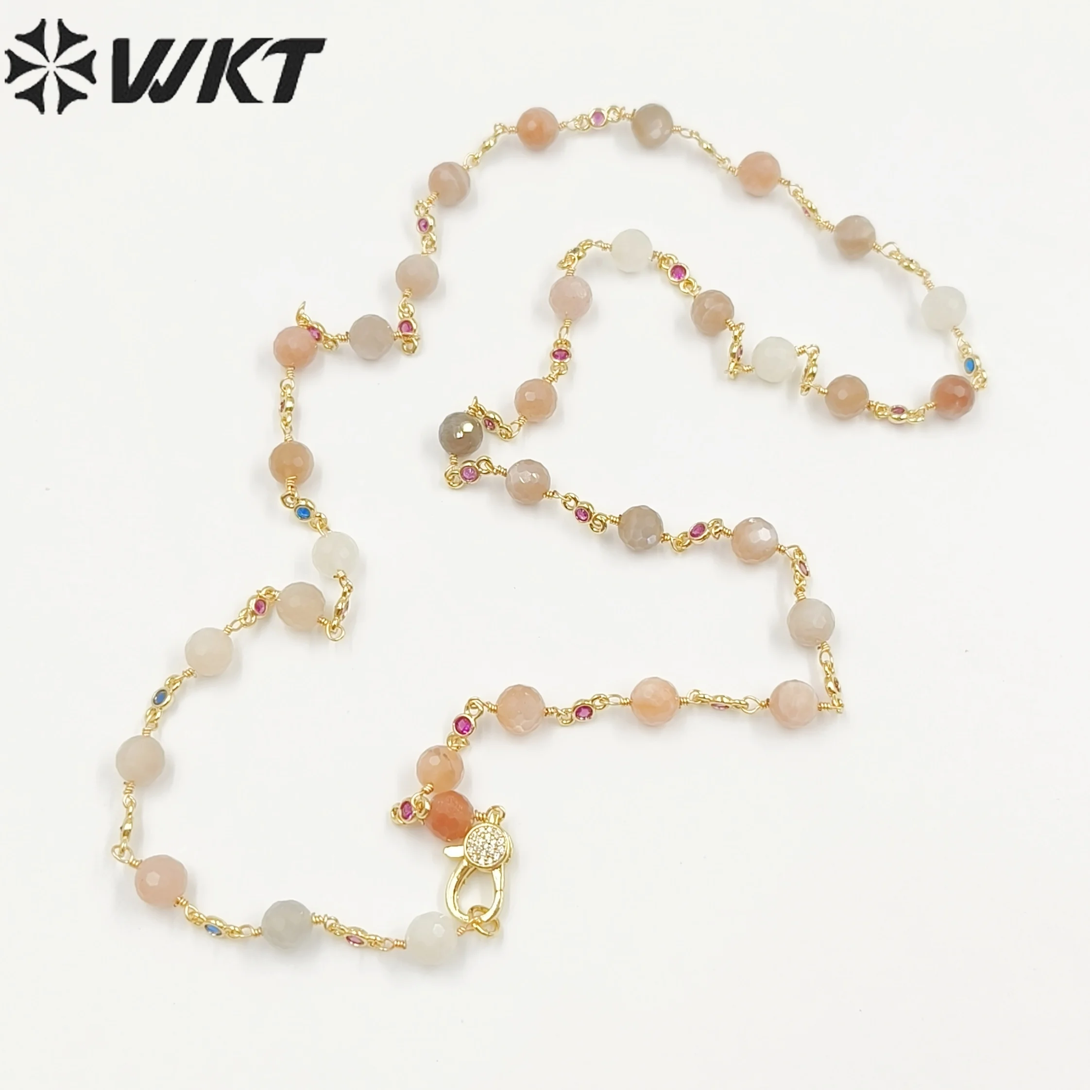 WT-N1432 Fashion Sweather Long Wire Wrapped Faceted Natural Gemstone Beads With Zircon Quartz Stone Necklace 3PCS