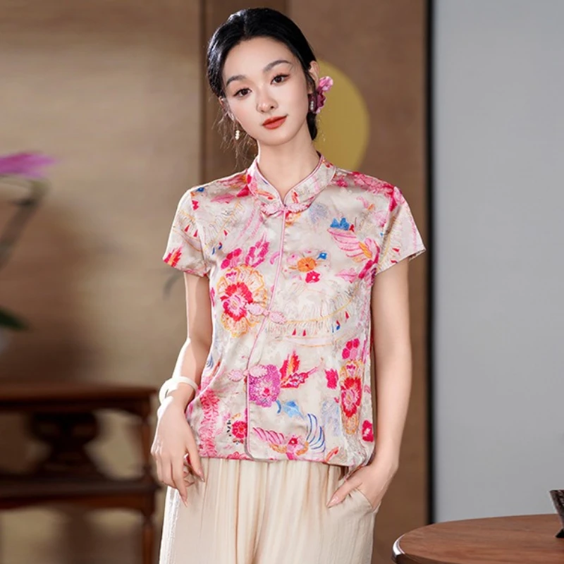 

Женская современная восточная рубашка - винтажная розовая, красная блузка с цветочным принтом и пуговицами, летние топы свободного покроя