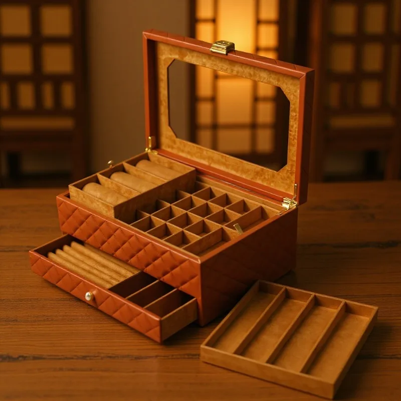 Leather Jewelry Box Mirror Retro Ring Storage Boxes Large Capacity Necklaces Earring Display Case Jewellery Packaging Showcase