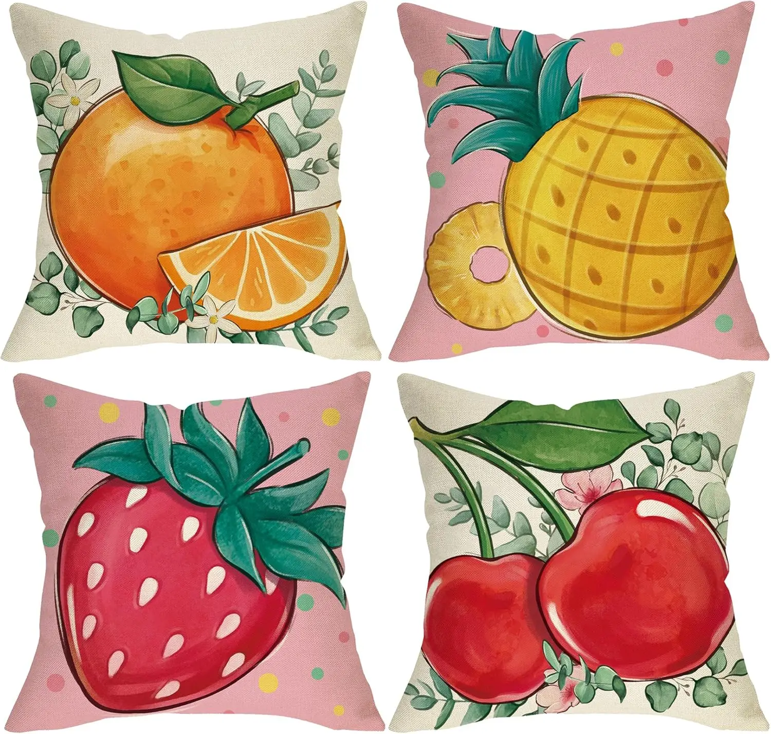 

4Pcs Cute Pastel Fruit Throw Pillow Covers with Hand Drawn Tropical Fruits Dot Background Art Cushion Cases for Balcony Playroom