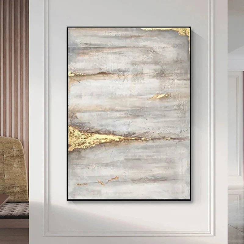 

Large abstract gold foil Grey Lake oil painting, handmade abstract wall art, oil painting for home, hotel, office decoration