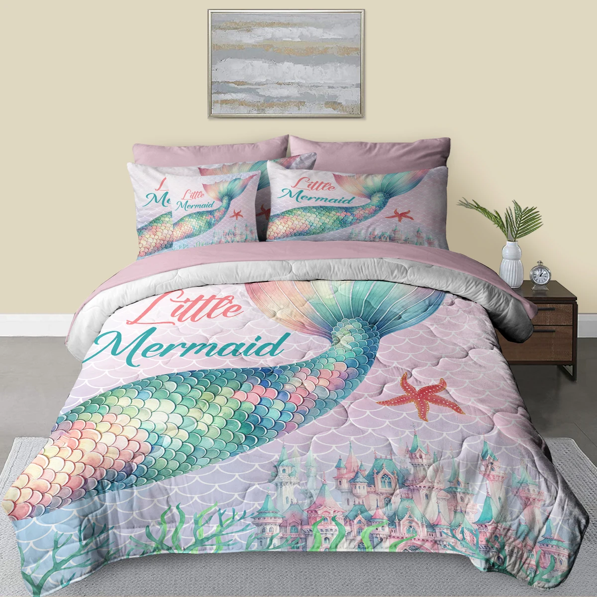 8 Piece Shining Mermaid Tail with Castle Printed Comforter Set for Kids Girls Teens Suitable for All Seasons Home Collection