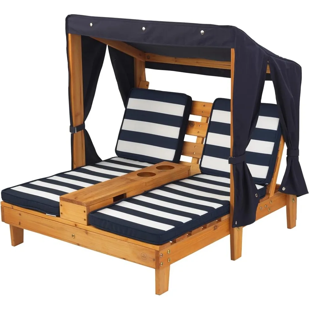 Wooden Outdoor Double for Ages3-8 Kids Chaise Lounge with Cup Holders, Patio Furniture, Honey with Navy and White Striped