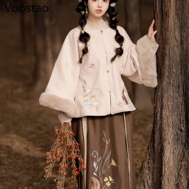 

Ming dynasty traditional floral embroidered Hanfu set; princess sweater; cute outfit; autumn/winter women's Chinese style