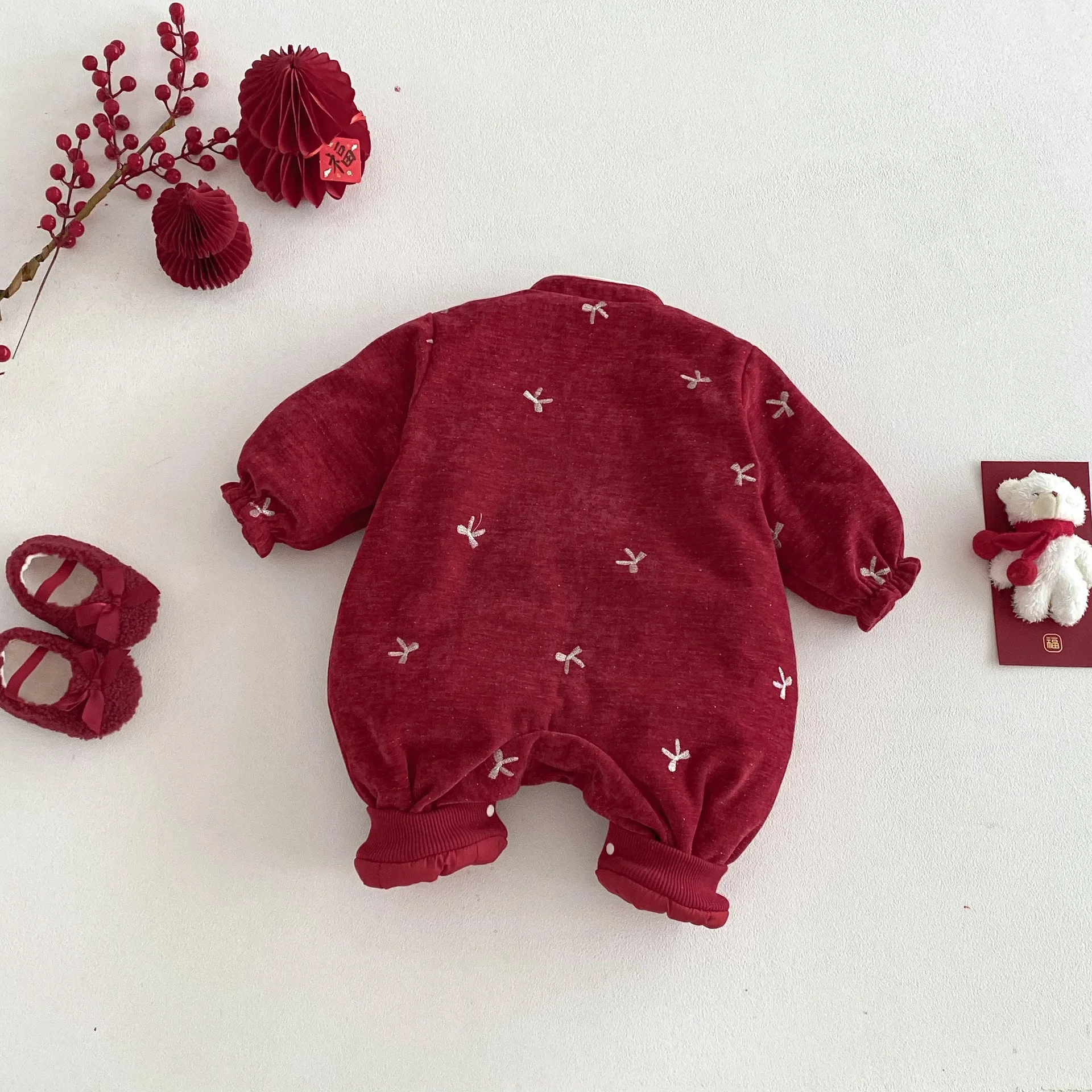 Newborn Red Bow Christmas Style Fleece Lined Romper Button Infant Jumpsuit Winter Childrens Clothing