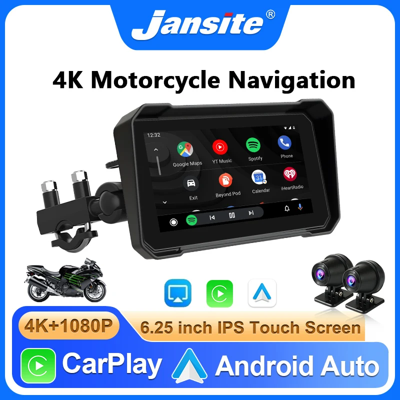 

Портативный 6,25-дюймовый мотоциклетный GPS-навигатор с беспроводным CarPlay, Android Auto, монитором, видеорегистратором, водонепроницаемостью IPX7, поддержкой 4K+1080P