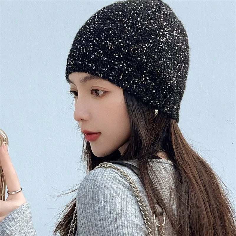 Korean Cold Hat Autumn and Winter Fragrant Girl Glitter Knitted Hat Fashion Show Face Small Bag Hat Tide