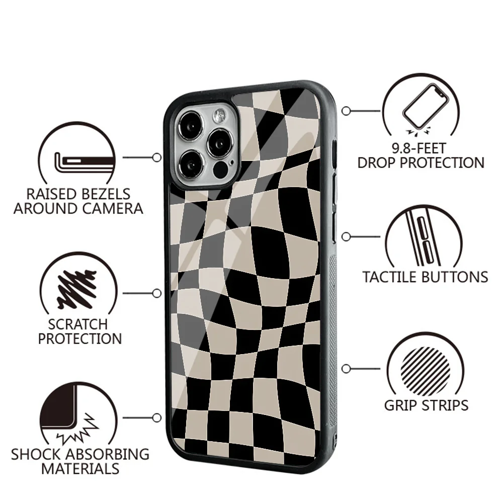 Warped Checkered Pattern Black Tan Phone Case For IPhone 16 16pro 16plus 16promax Pro Plus Max Mirror Acrylic PC TPU Cover