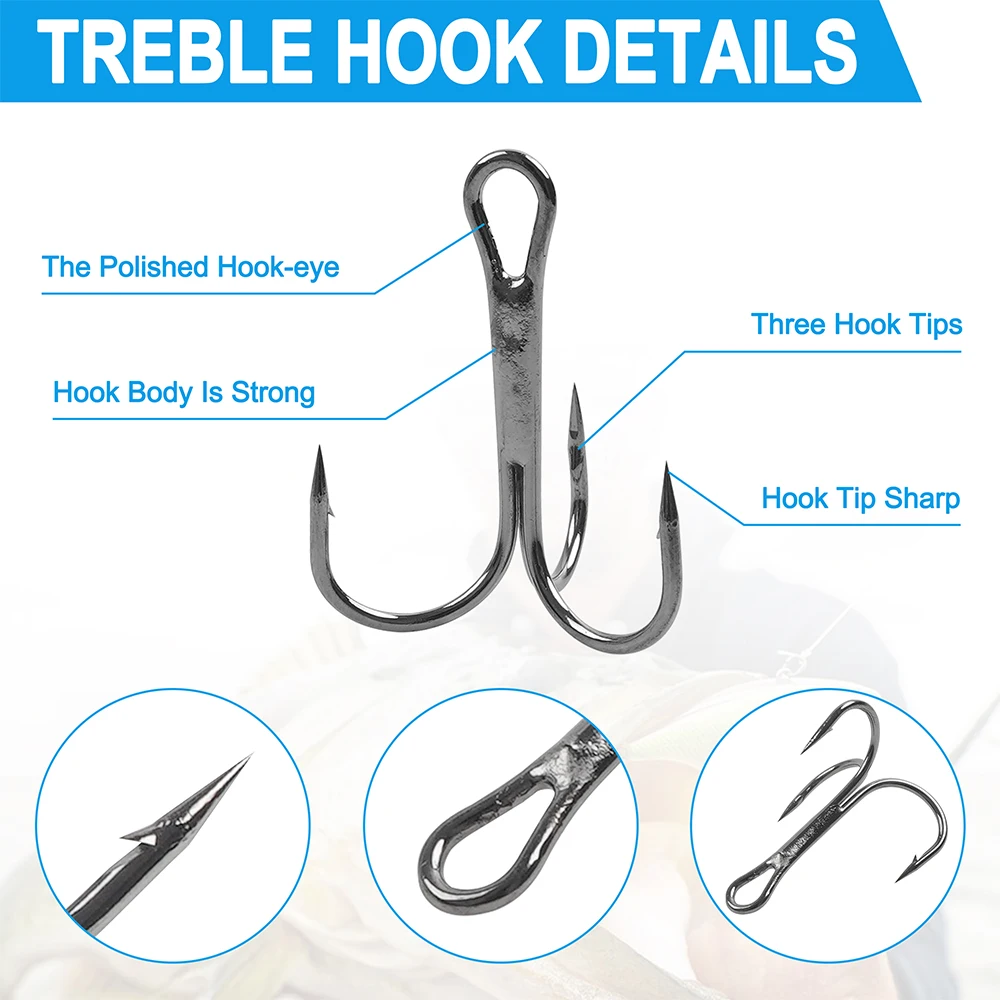 190Pcs Black Fishing Treble Hooks Kit High Carbon Steel Treble Fishing Hooks with Double Split Rings Lure Connectors Tool