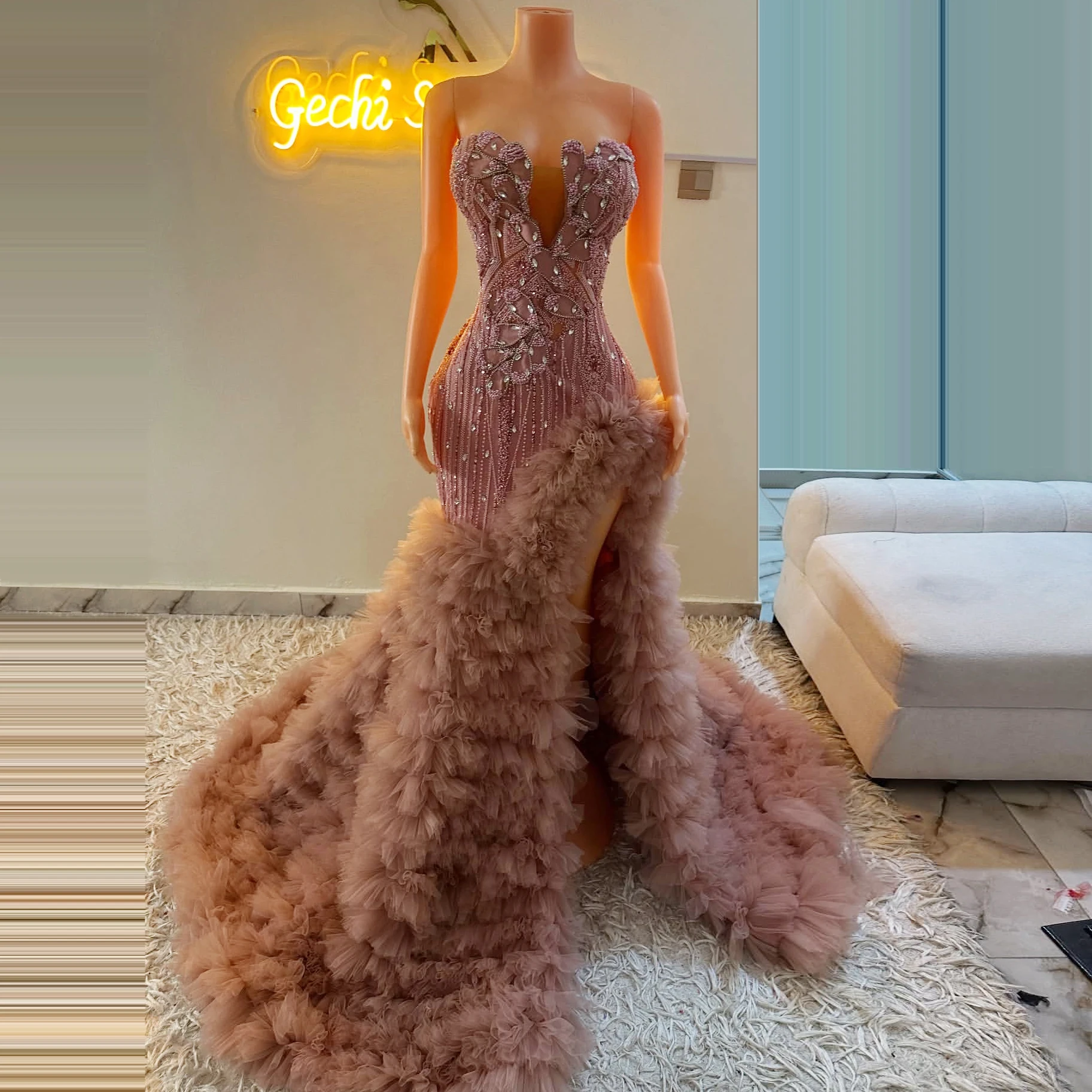 Modest Pink Mermaid Wedding Dress Beaded Ruffles Tiered Woman Formal Party Dresses Slit Tulle Evening Dinner Party Gowns 2026 view 3