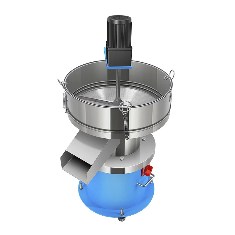 Vibratory screening machine for powder clumping, equipped with a mixer and suitable for filtering viscous liquids