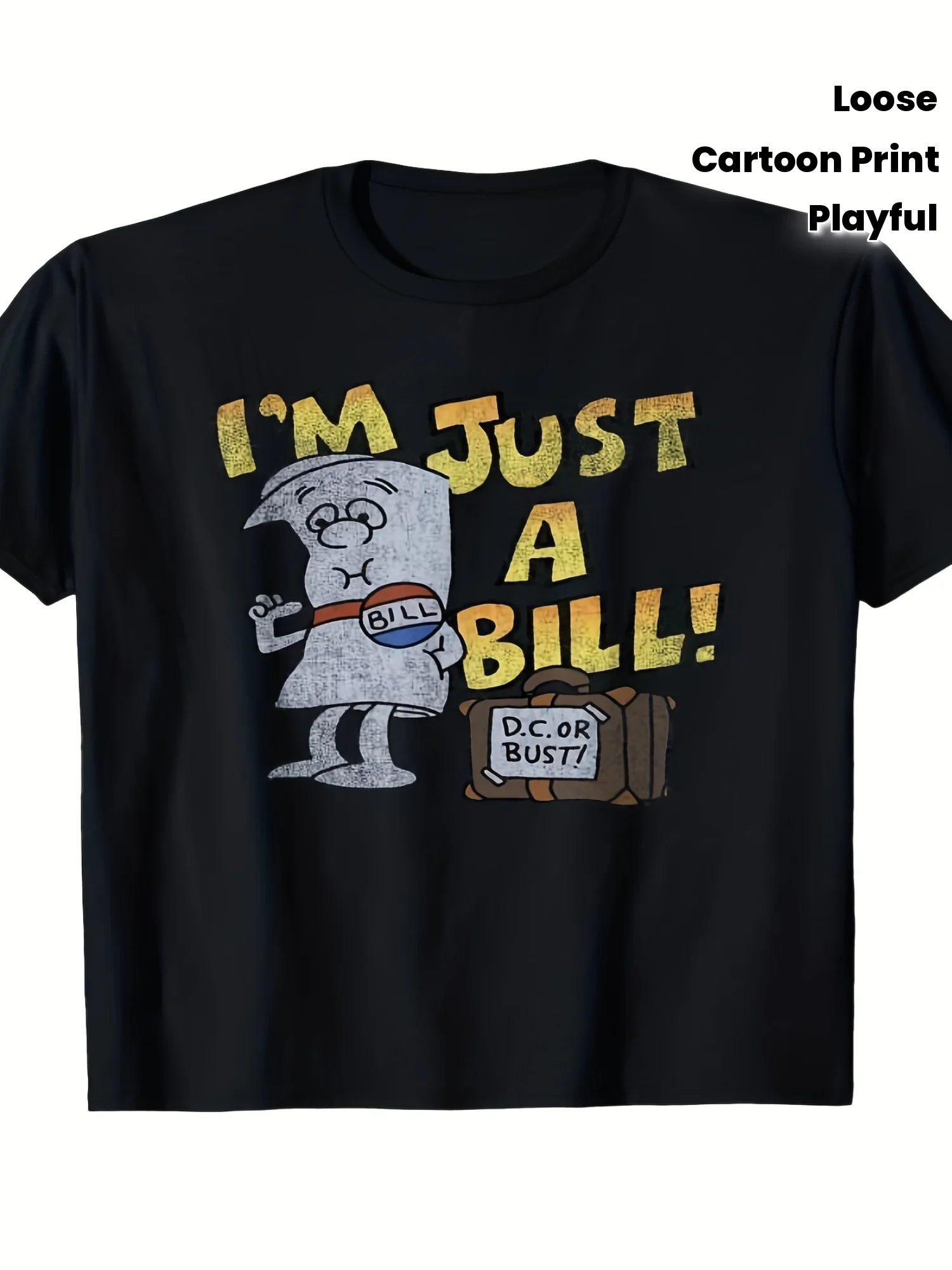 I'M Just a Bill - Loose Fit Cartoon Print T-Shirt - Vintage Style with Fun Yellow and Orange Text, Featuring Playful Characters and Travel-Themed Graphics, Perfect for a Casual Summer Outfit