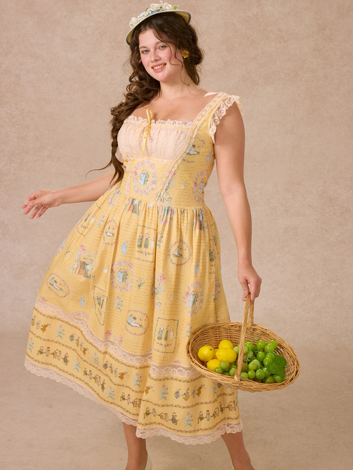 

Large Size Lace Princess Dress Spring Summer Vintage Style A-Line Midi Dress for plus Size Women Floral Print mid Waist