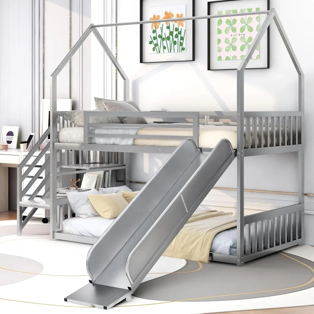 Twin Over Twin Size Metal Bunk Bed with Stairs, House-Shape Bunk Bed with Slide, No Noise,House Bed Frame for Kids