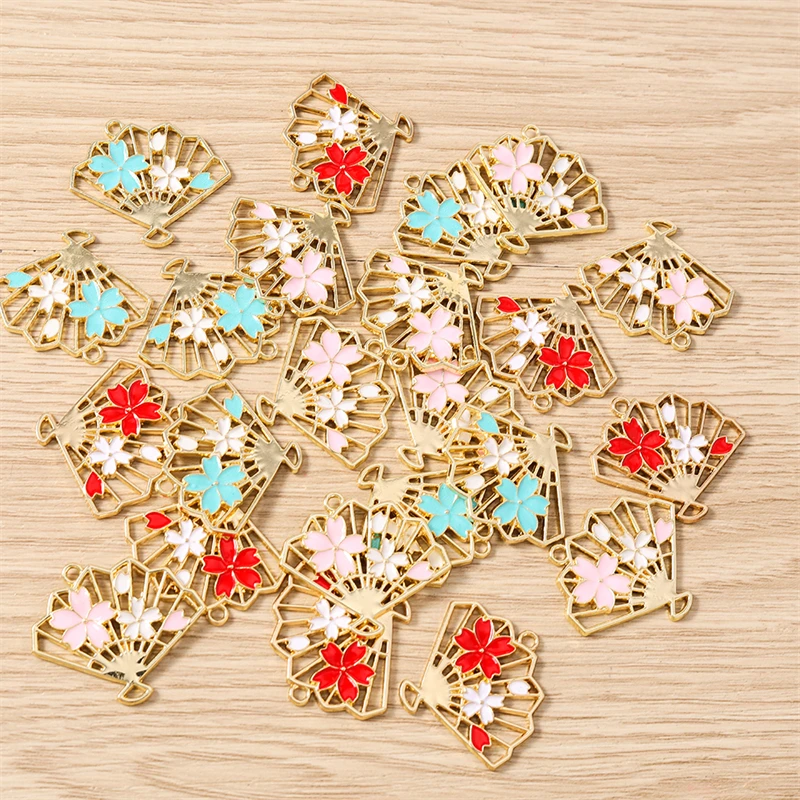 10 Stück 30 x 26 mm niedliche Emaille-Blumen-Fächer-Charms-Verbindungsanhänger für selbstgemachte Halsketten, Ohrringe, Schmuckherstellung, Zubehör – Detail 8