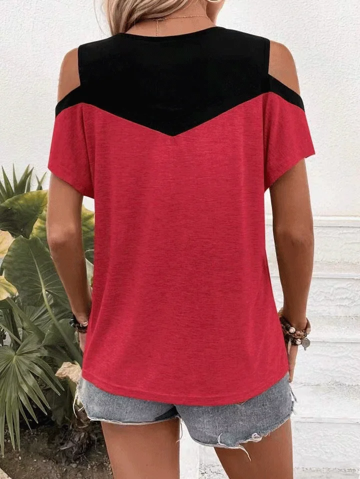 T-shirt con spalle scoperte Color block t-shirt Casual a maniche corte camicetta primavera estate