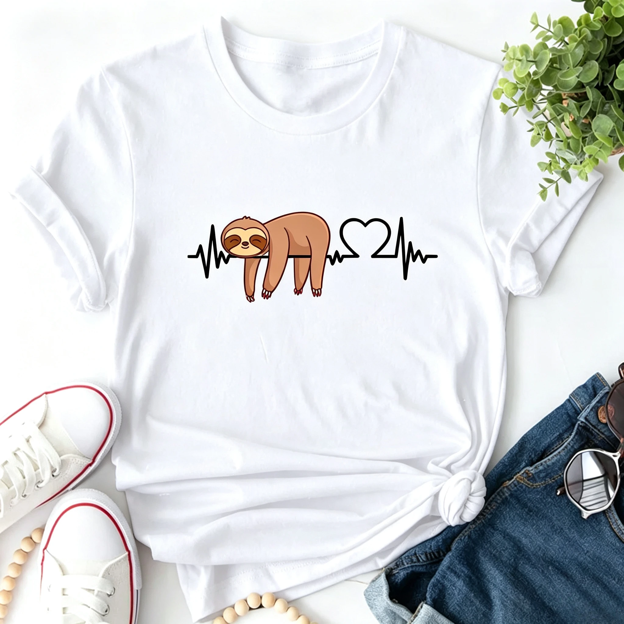 Cute Sloth Heartbeat Graphic T Shirt for Women Lovely Sloth Heart Pulse Print Short Sleeve Casual Top Daily Relax Streetwear