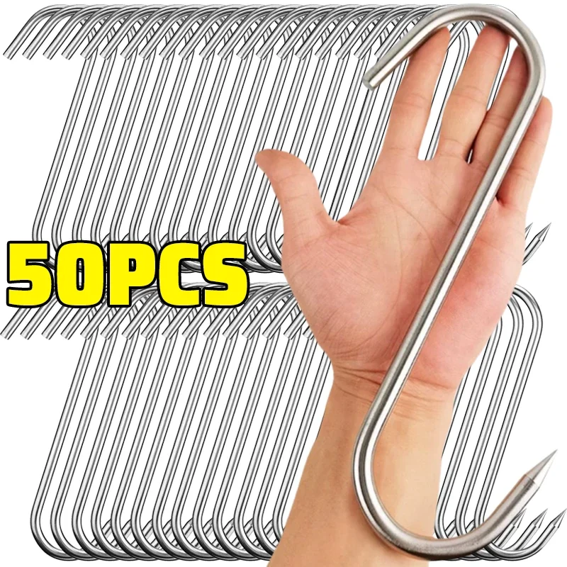 Stainless Steel S Hooks Sharp Tip Kitchen Hanging Meat Hook Butcher Shop Grillling BBQ Curing Sausage Bacon Hams S Shaped Hanger