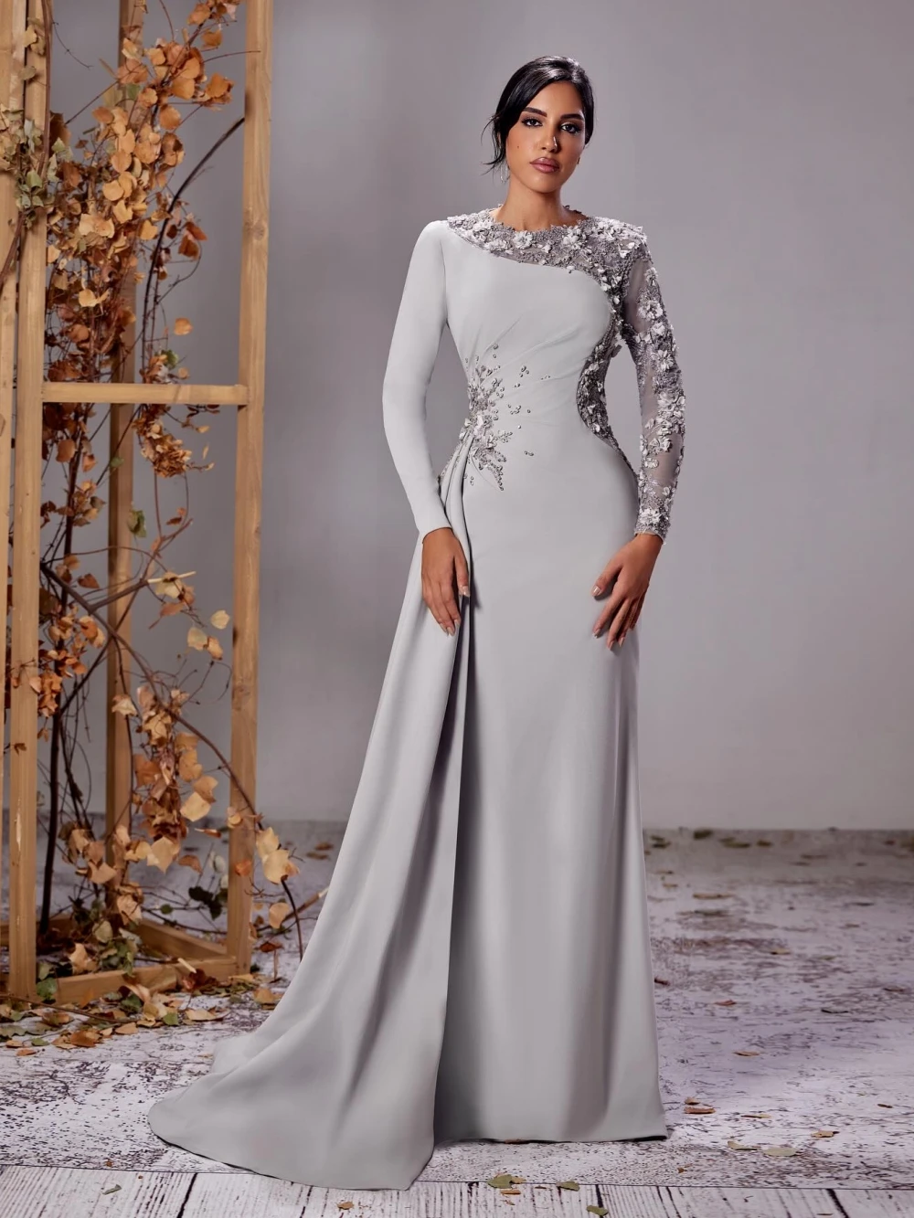 Mother Of The Bride Dresses For Wedding Detachable Train Beaded 3D Flower Evening Dress Elegant Satin Long Sleeved Formal Gown