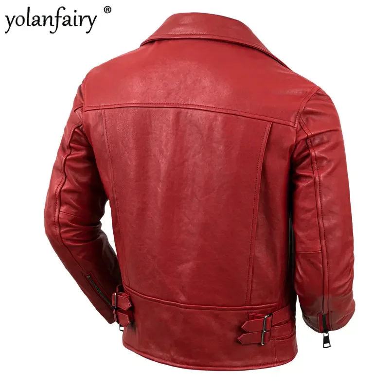 Red Motorcycle Leather Jacket Men's Genuine Leather Jacket Male Slim Natural Sheepskin Coat Fashion Jaquetas Masculina De Couro