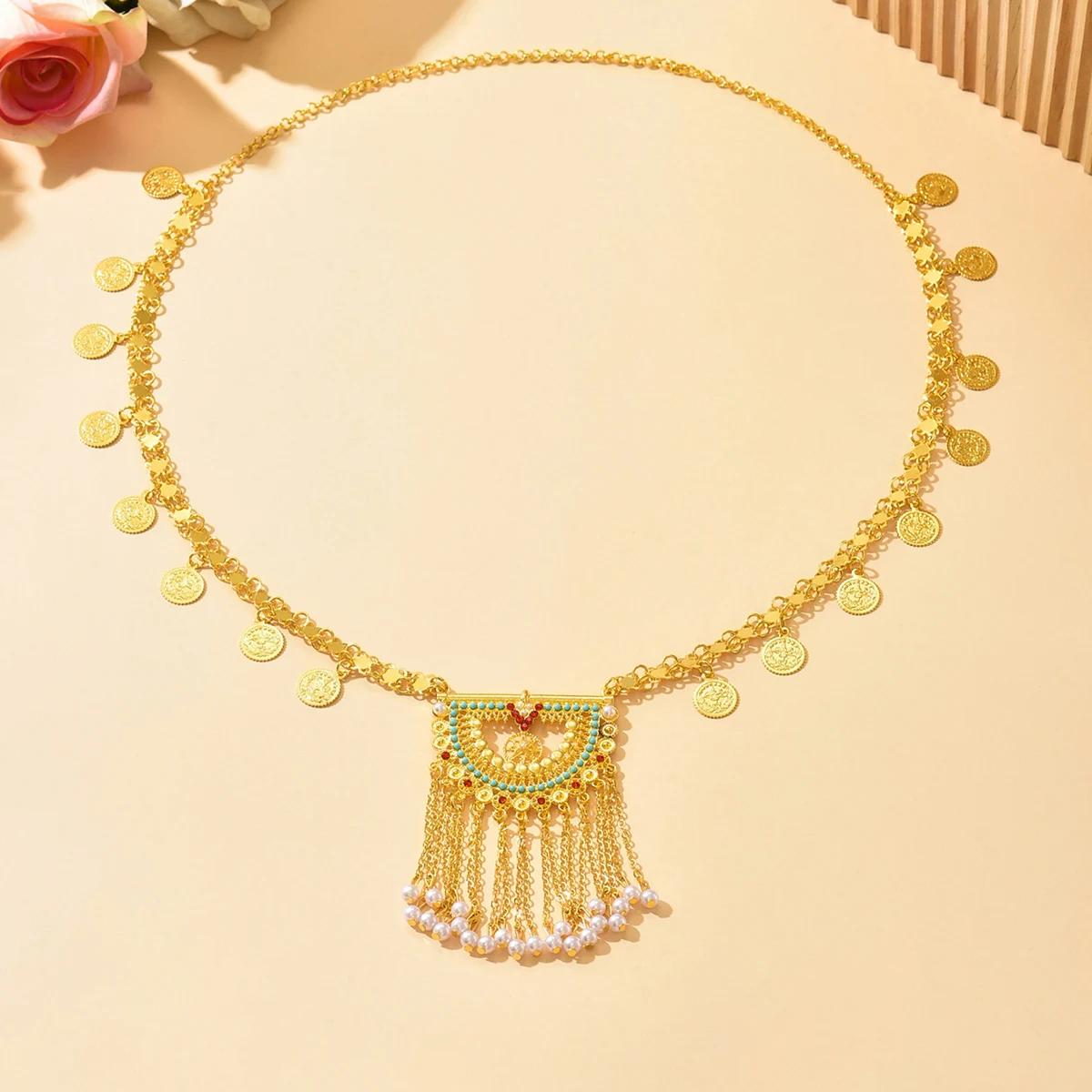 Middle East Dubai Jewelry for Wedding Ethnic Alloy Gold Plated Rhinestone Coin Long Hollow Tassel Women Necklace Golden