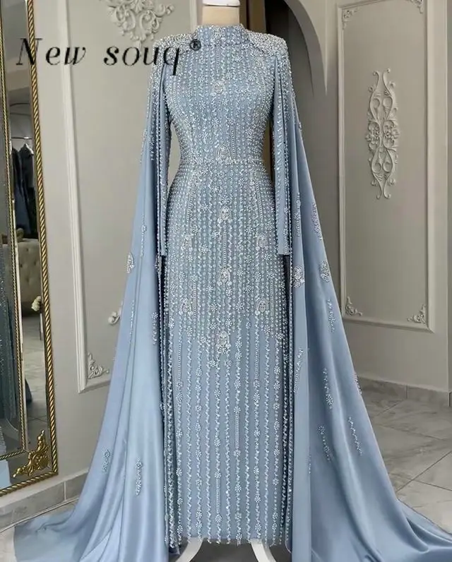 Dubai Arabic Dusty Blue Long Cape Sleeve Muslim Evening Dresses Customized Vintage Beaded Prom Gowns For Women Party Middle East