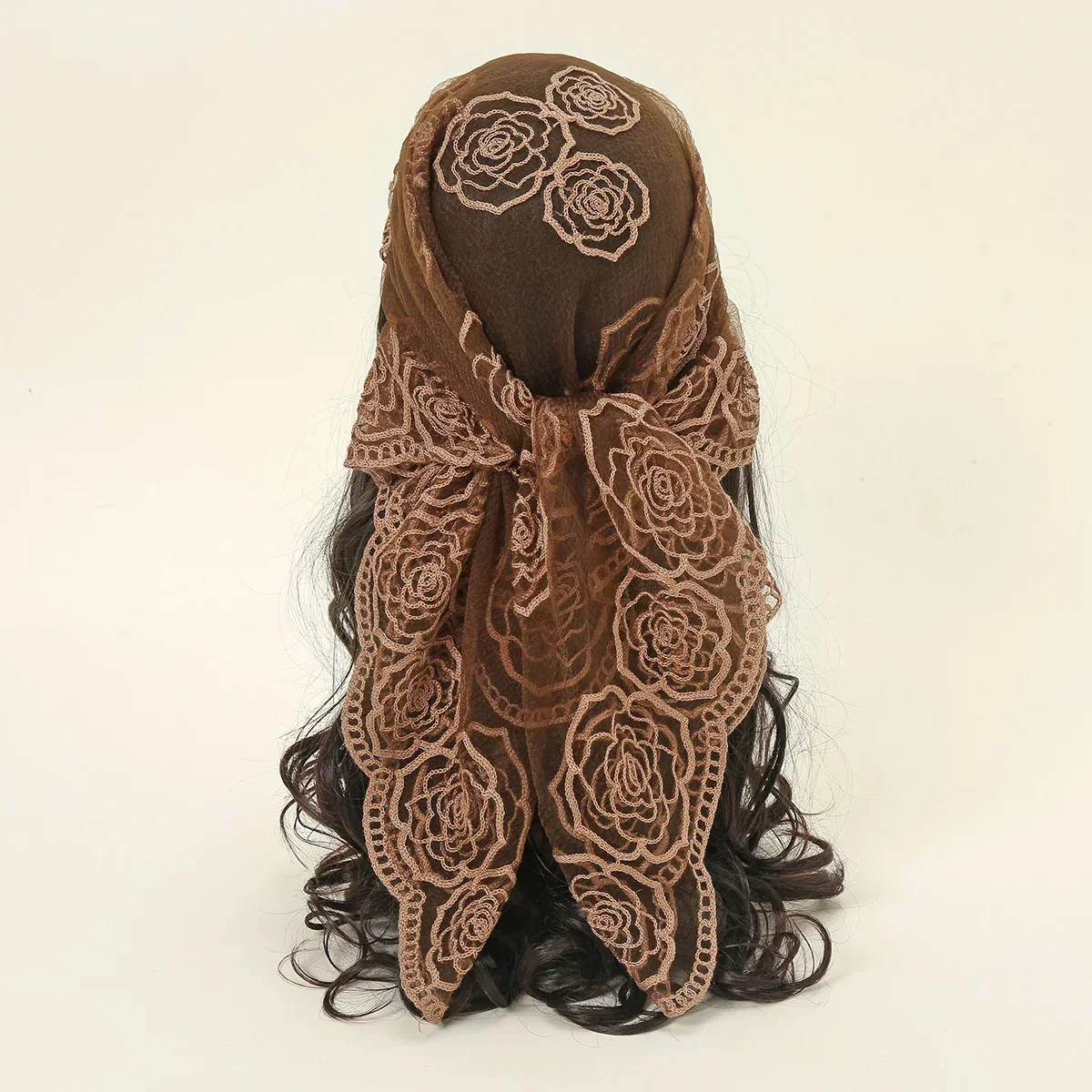 

80*80cm Lace Square Bandanas Style Rock Embroidery Floral Headband Net Breathable Hijab Through Headscarf Muslim Woman Veil