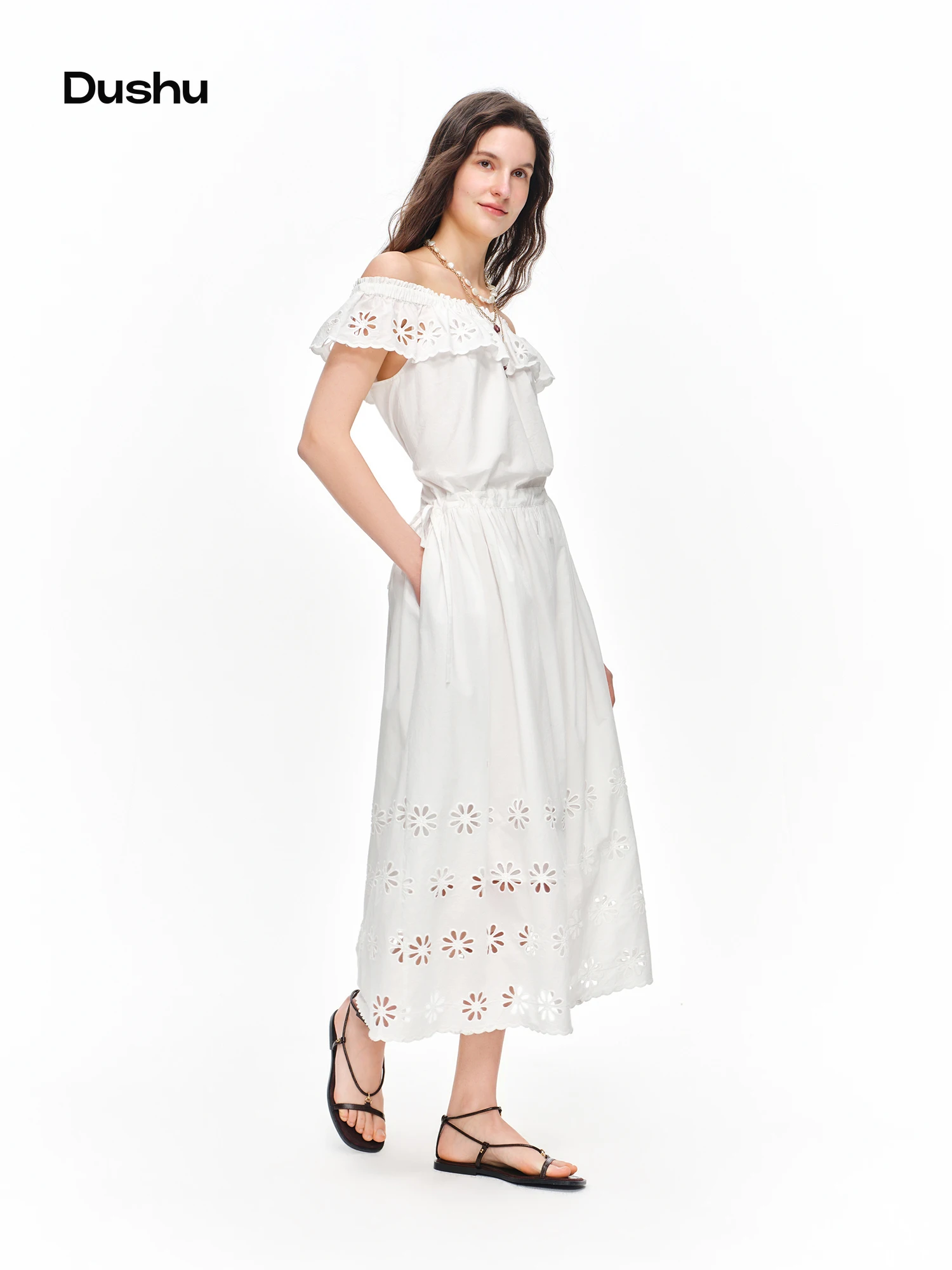 DUSHU Floral Off-Shoulder Embroidery Lace-Up Dress White Summer Slimming A-Line, Perfect for Casual Elegant Summer Outfits Dress