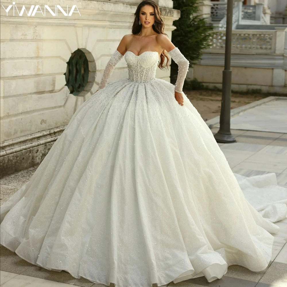 

Romantic Sweetheart Neck Bridal Dress Sparkly Pearls Wedding Gown Luxury Organza Ball Gown Long Bride Robe Vestido De Novia