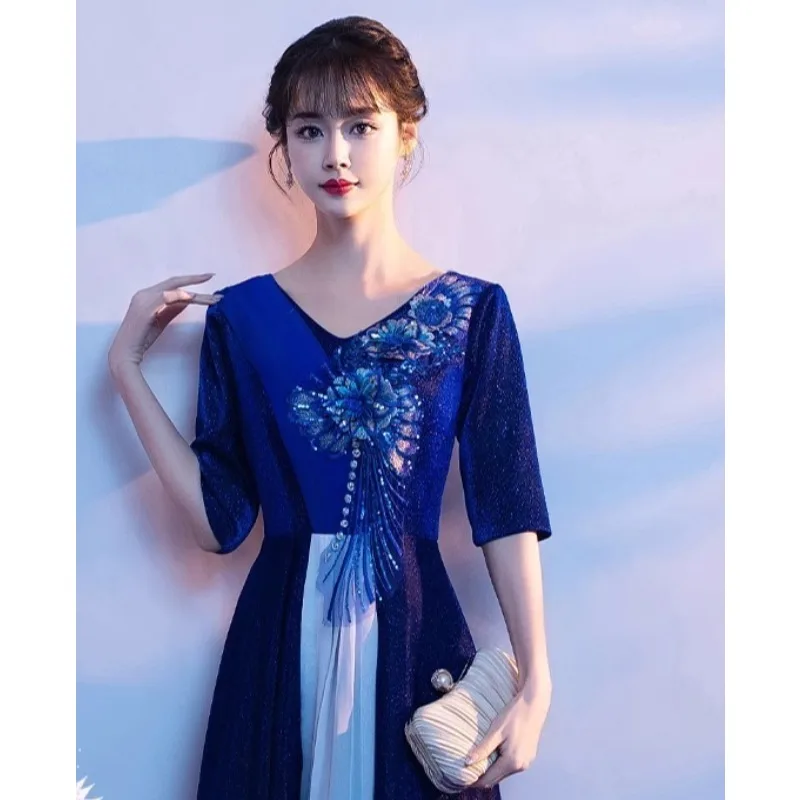 Robe de soirée élégante brodée pour femmes, col en v, à la mode, Slim, demi-manches, fermeture éclair au dos, robe longue à reflets, nouvelle collection 2026