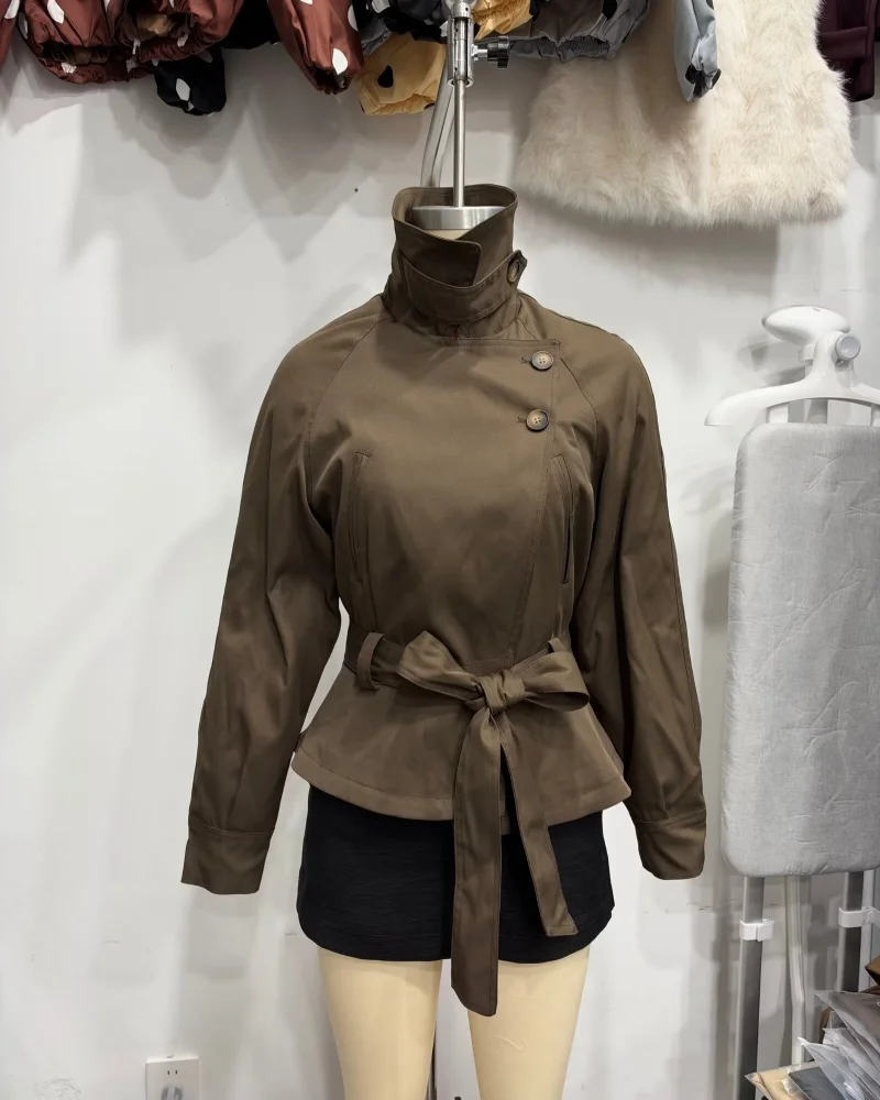 Women's jacket 2026 Autumn new European and American style plain colour collared long-sleeve tie-up short trench style jacket