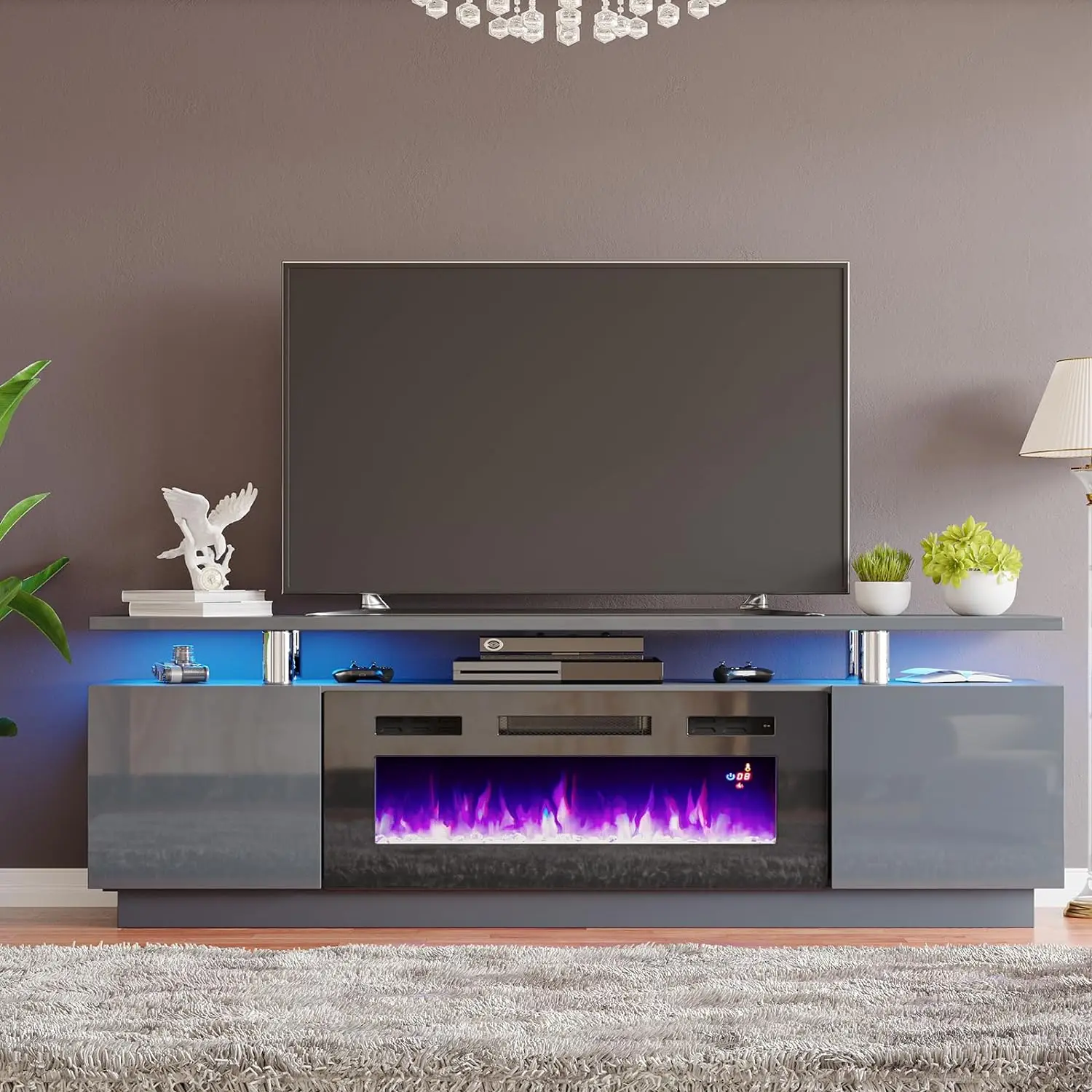 High Gloss Living Room Adjustable LED Lights 2 Tier Tv Cabinet Electric Fireplace Tv Stand