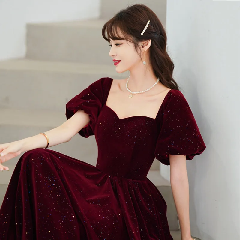 Wine Red Sequins Evening Dress Elegant Square Collar Velvet Princess Puff  Sleeve Off Shoulder Formal Banquet Long Dresses