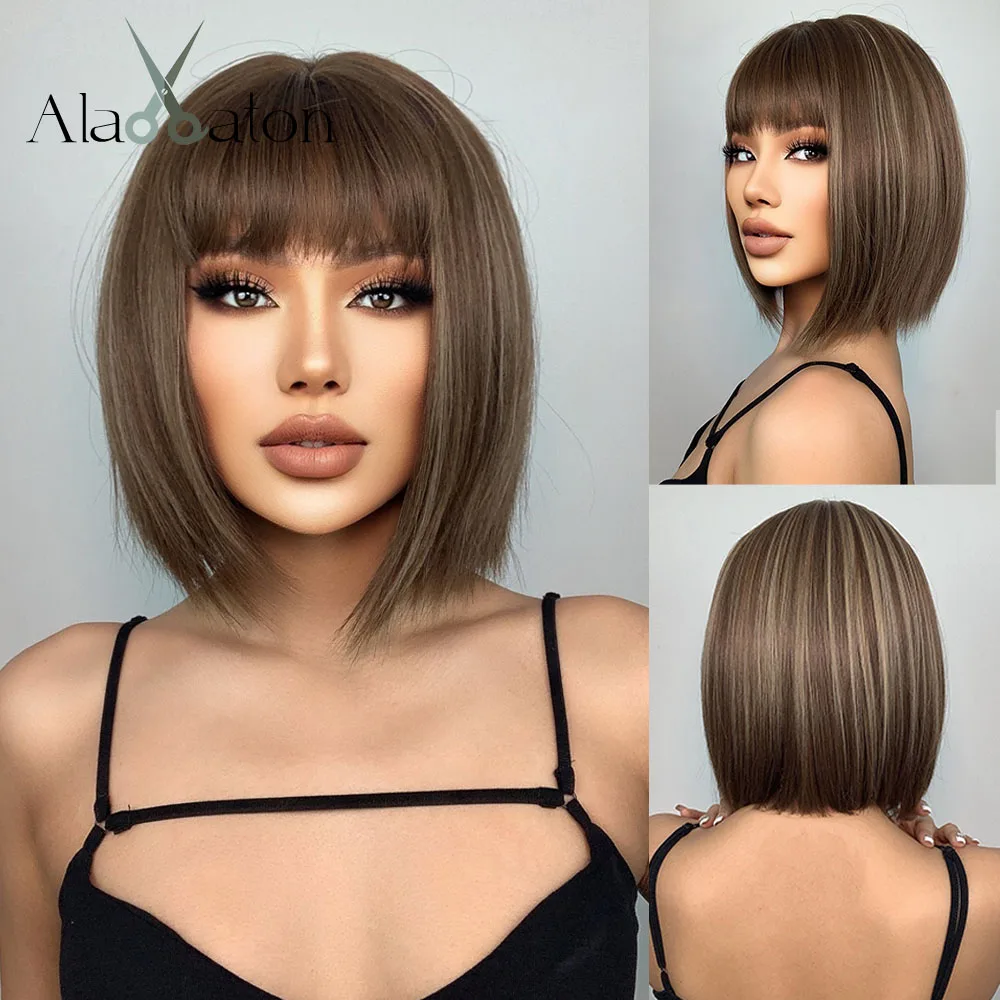 ALAN EATON Short Synthetic Wigs with Bangs Brown with Blonde Highlights Bob Wigs for Black Women Straight Hair Heat Resistant