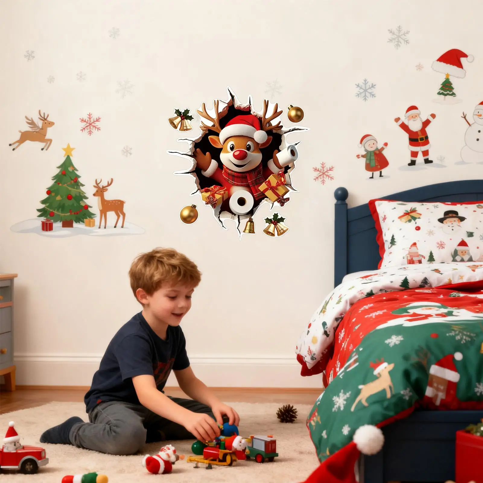 Christmas Wall Stickers Reindeer Removable Cute Cartoon Decals Christmas Wall Decorations For Winter School Class Room Bedroom