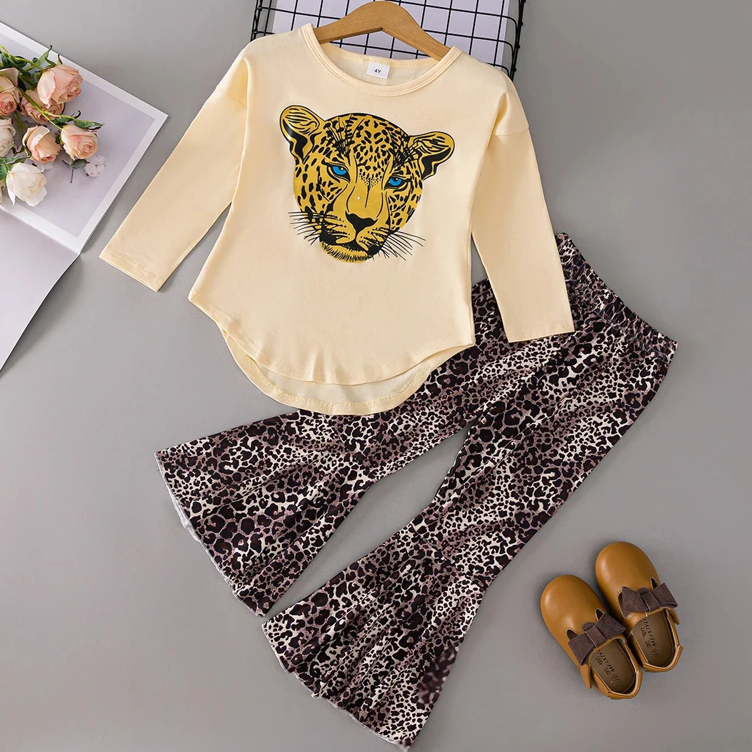 Spring and Autumn New Girl's Long Sleeved Pants Leopard Head Printed Fashion Two Piece Set Leopard Pattern Flare Pants Show Set