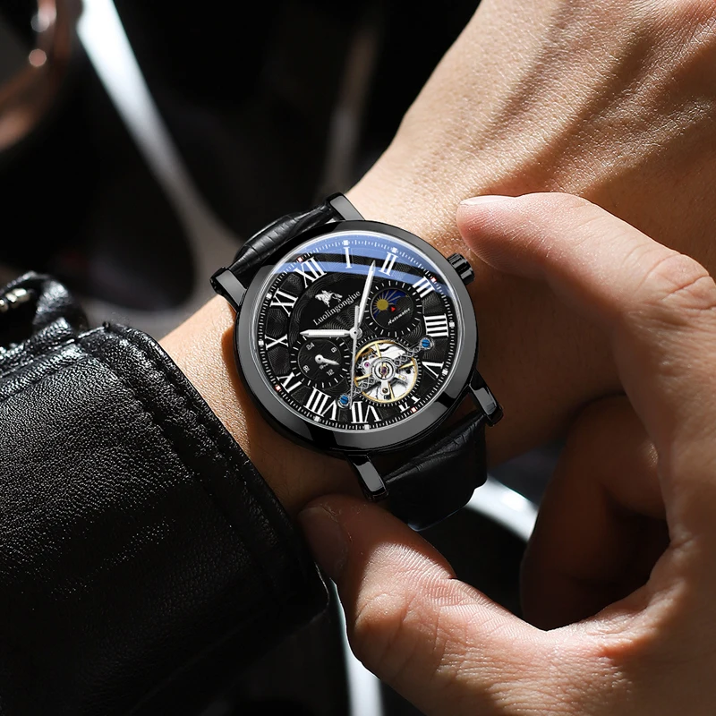 ساعة توربيون ميكانيكية أوتوماتيكية بالكامل، ساعة مضيئة مقاومة للماء على شكل قمر متعددة الوظائف للرجال، ساعة ميكانيكية أوتوماتيكية فاخرة للرجال، عصرية، كاجوال ومتعددة الاستخدامات، تصميم مجوف، مناسبة للارتداء اليومي للرجال، لا يتطلب بطاريات