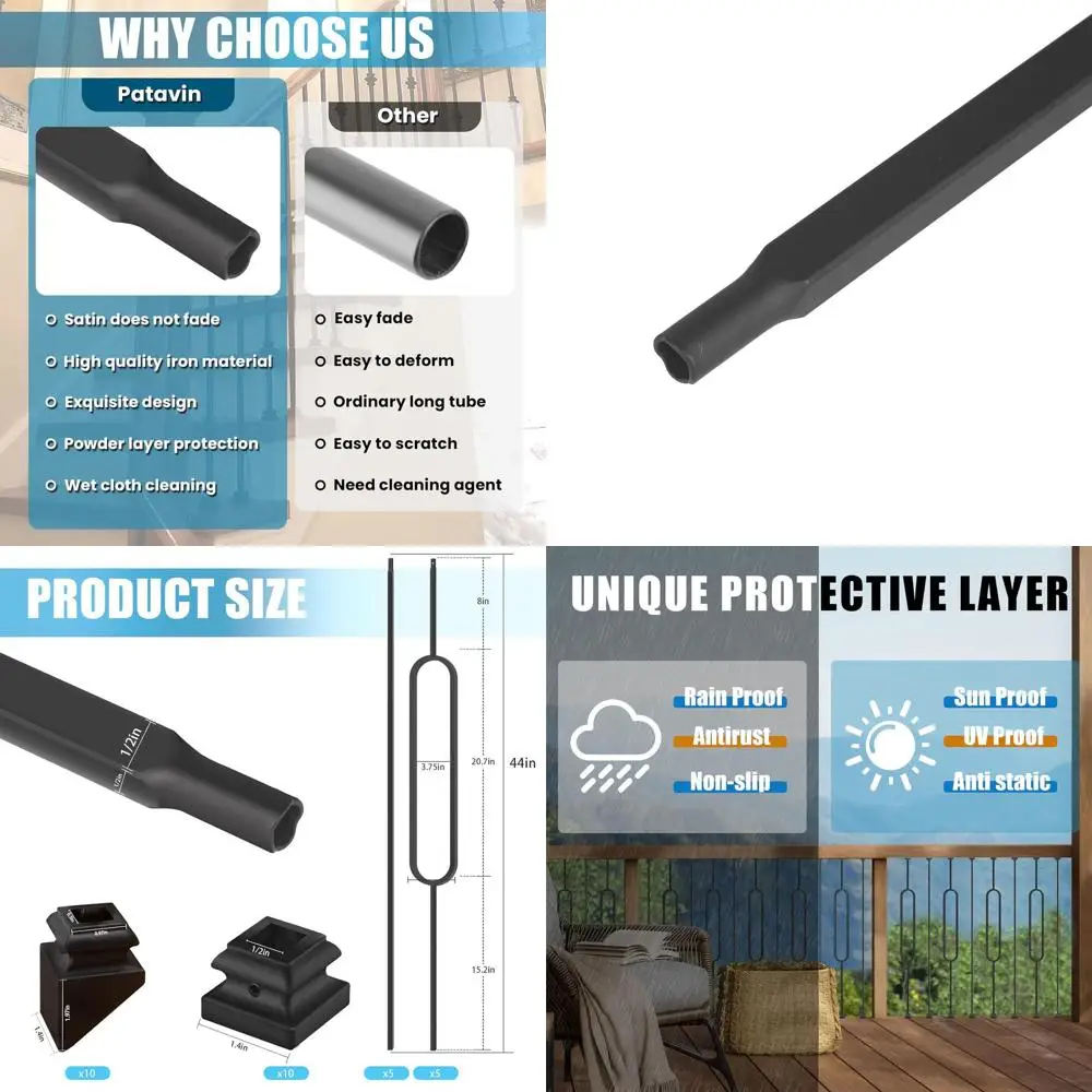 درابزينات مربعة من الحديد المجوف مقاس 1/2 بوصة - مغزل معدني عادي لدرج داخلي، أسود ساتان، 10 عبوات