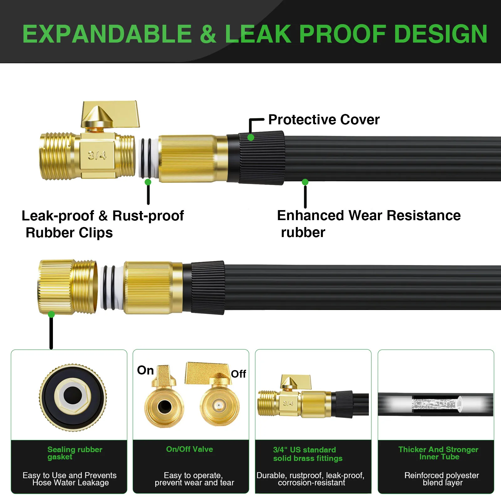 Expandable Garden Hose 100ft, Thickened Leakproof Water Hose with 10 Function Spray Nozzle, 3/4