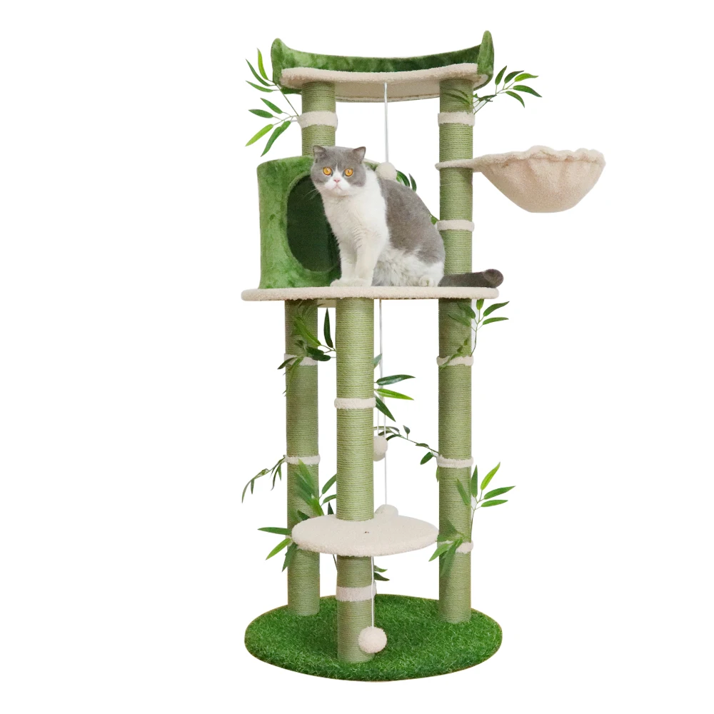 

Indoor Green Leaves Multi-Level Large Cat Tower With Hammock Plush Cat House Sisal Scratching Posts Cat Furniture