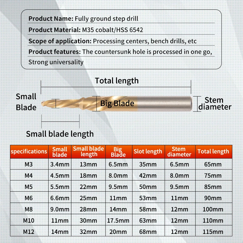 ดอกสว่านขั้นบันไดแบบเจาะ90/180องศา1ชิ้นพร้อมโคบอลต์/hss M3 M4 M5 M6 M8 M12 M10สำหรับเจาะสแตนเลสและลบมุม