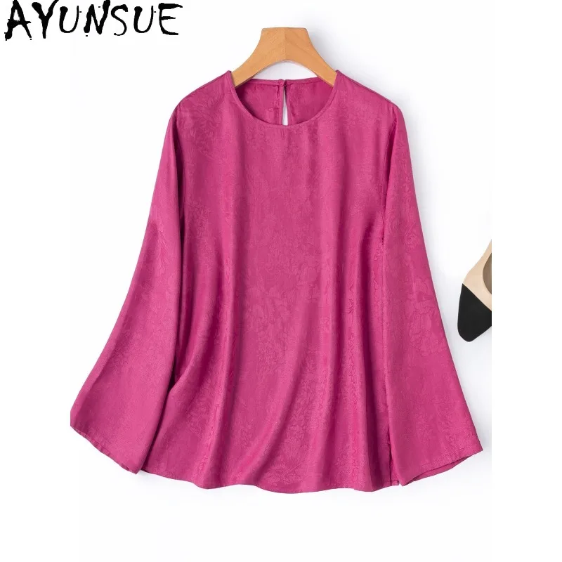 

Женские футболки AYUNSUE из жаккардового шелка 30 мм, топы с длинными рукавами для женщин, футболка с круглым вырезом, женская одежда, высокое качество, Ropa Mujer