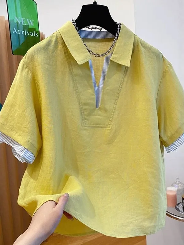 

Summer Artistic Style Women's Shirt Large Size Turn-down Collar Short Sleeve Fake Two-Piece Casual Loose Fit Breathable Skin-...